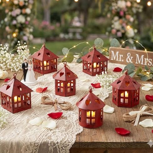 TRIROCKS 6 قطع معدنية مزخرفة معلقة فوانيس شمعة 4 "H House Tea Light حوامل مركزية للطاولات المزرعة ريفي حفل زفاف هدايا داخلية وخارجية (نبيذ أحمر ناعم أسود) in Kuwait