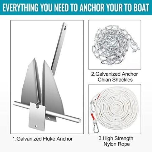 Boat Anchor Kit 8.5 Or 13 Lb Fluke Style Anchor, Hot Dipped Galvanized Steel Fluke Anchor, Marine Anchor with Anchor, Rope, Shackles, Chain for Boat Mooring On The Beach, Boats from 15'-24',8.5lb in Saudi Arabia
