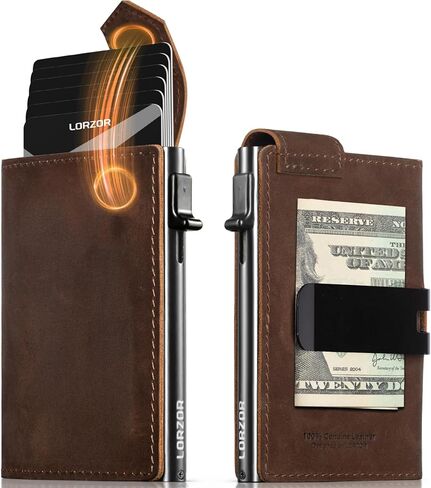 محفظة LORZOR رفيعة للرجال مع مزلاج أمان، محفظة حامل بطاقات معدنية منبثقة، محافظ ثنائية الطي من الجلد المحبب بالكامل، ذكية، بسيطة، حجب RFID، جيب أمامي، نافذة لبطاقة الهوية in Kuwait