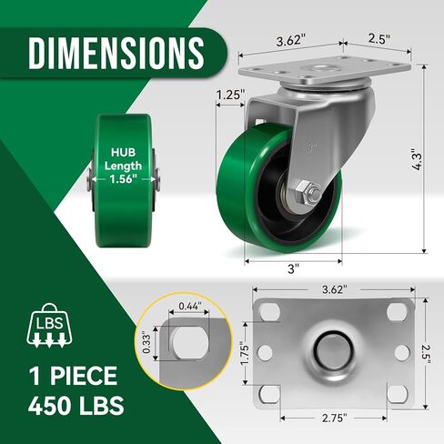 عجلات 3 بوصة، من البولي يوريثين على عجلة فولاذية، مجموعة عجلات شديدة التحمل مكونة من 4 عجلات بسعة تحميل 1400 رطل - تستخدم للعربة وصناديق الأدوات (4 دوارة) in Kuwait
