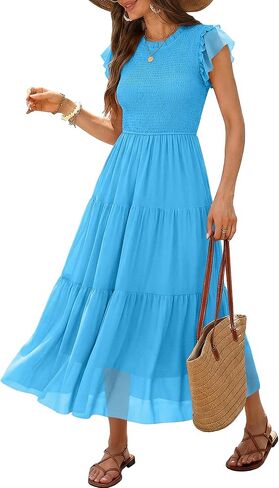 Caracilia Womens Summer Casual Tulle Midi Dresses Ruffle Sleeve Crew Neck Smocked Mesh 2026 Flowy Tiered Wedding Guest Dress in Saudi Arabia