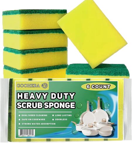 Heavy Duty Scrub Sponge for Cookware, Dual-Sided Cleaning Pot Scrubber, Odorless, Long-Lasting, Kitchen and Dishwashing Essential, Large & Thick 4 x 2.8 x 1.5 Inches, 6 Pack in Saudi Arabia