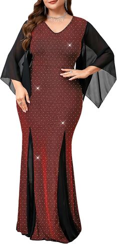 سيكلامين حجم كبير فستان رسمي سباركلي الخامس الرقبة منديل كم Bodycon حورية البحر ماكسي ثوب مسائي حفلة كوكتيل حفلة موسيقية in Kuwait
