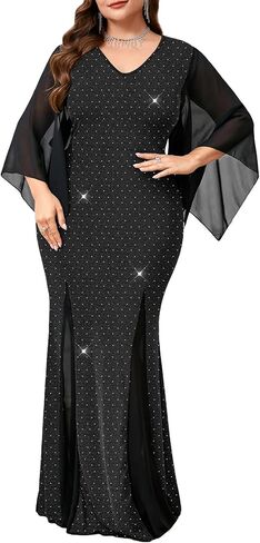 سيكلامين حجم كبير فستان رسمي سباركلي الخامس الرقبة منديل كم Bodycon حورية البحر ماكسي ثوب مسائي حفلة كوكتيل حفلة موسيقية in Kuwait