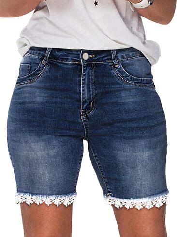 Flamingals Lace Trim Jean Shorts for Women Raw Hem Mid Waist Denim Shorts in Saudi Arabia