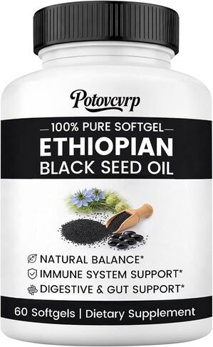 Ethiopian Black Seed Oil Capsules Organic Cold Pressed Black Cumin Seed Oil Softgels with 4.64% Thymoquinone, Non-GMO, Gluten-Free, Vegan, 60 Count for Immune & Digestive Support in Saudi Arabia