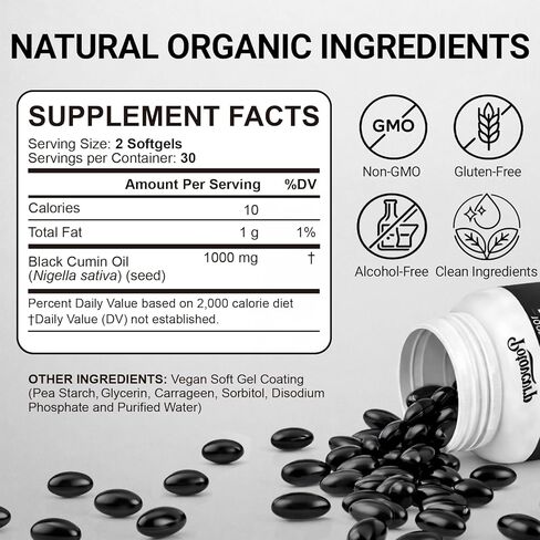 Ethiopian Black Seed Oil Capsules Organic Cold Pressed Black Cumin Seed Oil Softgels with 4.64% Thymoquinone, Non-GMO, Gluten-Free, Vegan, 60 Count for Immune & Digestive Support in Saudi Arabia