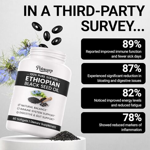 Ethiopian Black Seed Oil Capsules Organic Cold Pressed Black Cumin Seed Oil Softgels with 4.64% Thymoquinone, Non-GMO, Gluten-Free, Vegan, 60 Count for Immune & Digestive Support in Saudi Arabia