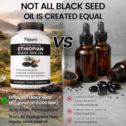 Ethiopian Black Seed Oil Capsules Organic Cold Pressed Black Cumin Seed Oil Softgels with 4.64% Thymoquinone, Non-GMO, Gluten-Free, Vegan, 60 Count for Immune & Digestive Support in Saudi Arabia