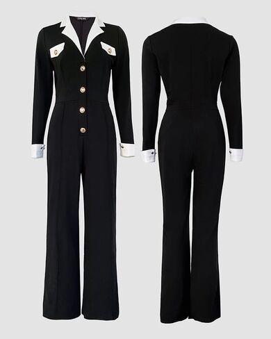 CHICME Womens Dressy Casual Jumpsuit Color Block Collar Long Sleeve Button Down Wide Leg One Piece Outfit in Saudi Arabia