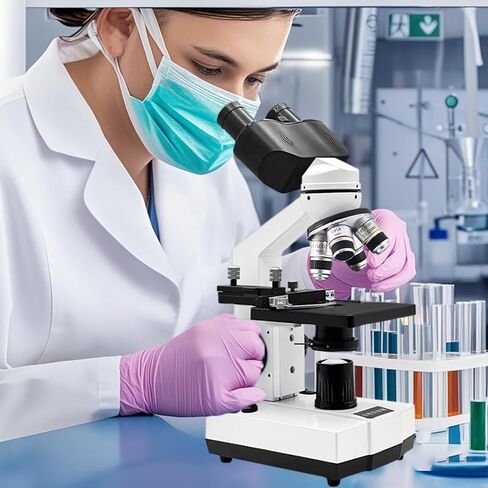 مجهر ثنائي العينين مركب للطلاب البالغين - مجهر بيولوجي احترافي عالي التكبير 40X-5000X، مناسب للمدارس والمختبرات والتعليم المنزلي in Kuwait