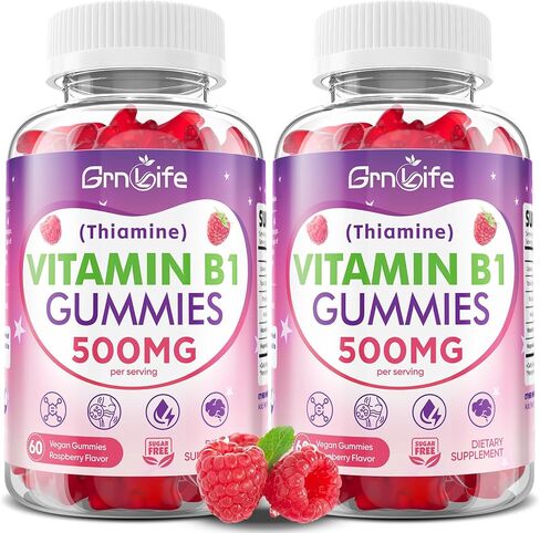 علكة فيتامين ب1 500 ملغ للبالغين والأطفال - مكمل ثيامين ب1 عالي الفعالية لدعم الطاقة والجهاز العصبي، خالي من السكر، نكهة التوت، 60 قطعة in Kuwait