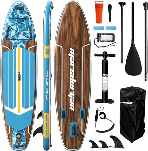 11ft Inflatable Stand Up Paddle Board, Wood Grain Ultra Lightweight SUP, 430lb Capacity for Adults Youth Family, for Fishing Surfing Camping, Includes Backpack & Pump in Saudi Arabia