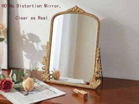 مرآة طاولة ذهبية كبيرة مقاس 16 × 20 بوصة - مرآة زينة بإطار خشبي عتيق مع حامل قابل للطي للمكياج والديكور والهدايا in Kuwait