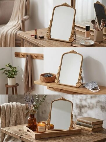 مرآة طاولة ذهبية كبيرة مقاس 16 × 20 بوصة - مرآة زينة بإطار خشبي عتيق مع حامل قابل للطي للمكياج والديكور والهدايا in Kuwait