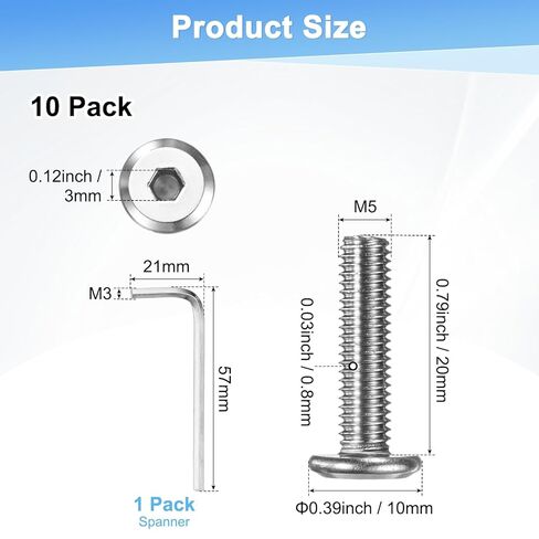 M METERXITY 10 عبوات من براغي غطاء الرأس المسطحة، M5x20mm 304 طقم تثبيت محرك سداسي من الفولاذ المقاوم للصدأ مع مفتاح سداسي للآلة/الأثاث/السيارات/البحرية، مسامير سداسية كاملة الخيط in Kuwait