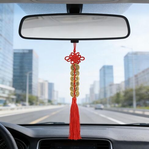 عملات ISKYBOB الصينية فنغ شوي، مجموعة من 6 عملات معدنية I Ching مع سلسلة عقدة صينية حمراء عتيقة من عملات الحظ المحظوظة لتزيين السيارة المنزلية المعلقة in Kuwait