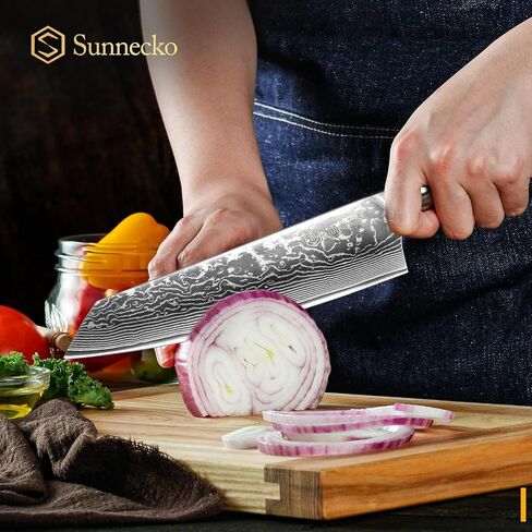 سكين الشيف الدمشقي الياباني مقاس 8 بوصات من Sunnico - جيوتو مطبخ احترافي VG10 من الفولاذ الفائق، تقطيع اللحوم والخضروات الحادة للغاية، مقبض مريح بالكامل، صندوق هدايا ممتاز للأم للطهي in Kuwait
