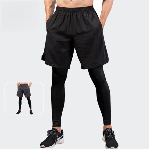 Men's 2-in-1 Athletic Shorts, with Leggings, Quick Dry Lightweight Sportswear, for Running, Gym, and Fitness Training(Black) in Saudi Arabia