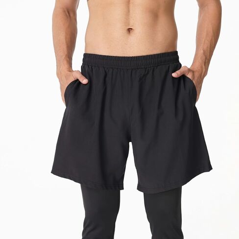 Men's 2-in-1 Athletic Shorts, with Leggings, Quick Dry Lightweight Sportswear, for Running, Gym, and Fitness Training(Black) in Saudi Arabia
