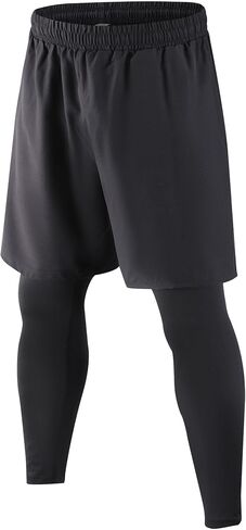 Men's 2-in-1 Athletic Shorts, with Leggings, Quick Dry Lightweight Sportswear, for Running, Gym, and Fitness Training(Black) in Saudi Arabia