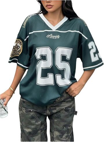 Girl's Jersey Shirts Number Print Graphic Tees V Neck Mesh Y2K Tops Sport Jersey Streetwear in Saudi Arabia
