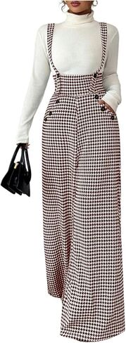 Women's Elegant Houndstooth Wide Leg Jumpsuits Old Money Button Front Work Suspender Pants with Pockets in Saudi Arabia