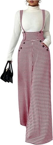 Women's Elegant Houndstooth Wide Leg Jumpsuits Old Money Button Front Work Suspender Pants with Pockets in Saudi Arabia