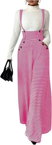 Women's Elegant Houndstooth Wide Leg Jumpsuits Old Money Button Front Work Suspender Pants with Pockets in Saudi Arabia