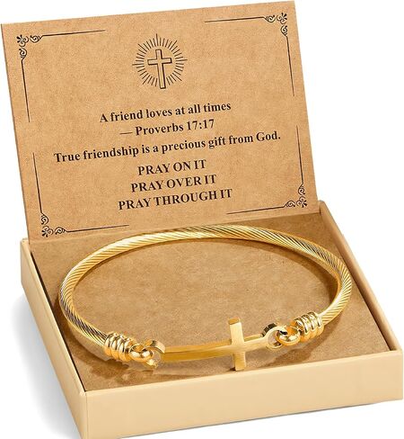 Christian Bracelet for Women, Gold-Plated Stainless Steel Cross Bracelet with Faith Card, Inspirational Gifts for Women, Friendship, Birthday, Christmas, or Thanksgiving Gift Box in Saudi Arabia