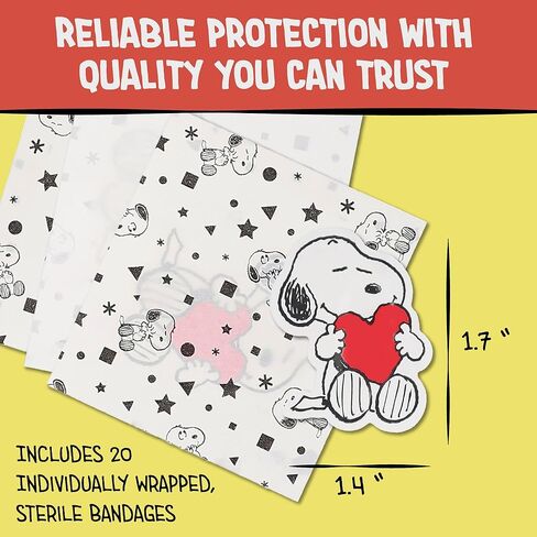 AQUARIUS Peanuts Snoopy Adhesive Bandages – 20 Count Cartoon Snoopy Bandages in Travel Case, Kids First Aid Supplies, Latex-Free Nonstick Sterile Plasters for Minor Cuts in Saudi Arabia