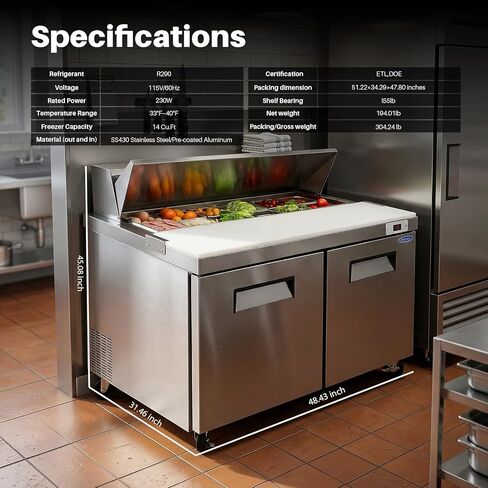 60" W Commercial Sandwich Salad Prep Table Refrigerator for Restaurant Bar Shop, Stainless Steel Sandwich Prep Table with 16 Pans, 18 Cu.Ft Capacity, Auto Defrost, Digital Temp Control, Low Noise in Saudi Arabia
