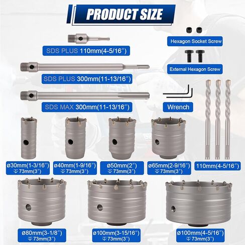 Luney 20PCS Concrete Hole Saw Kits, 30 40 50 65 80 100 110MM, Hole Saw Tool Set with 3 Core Drill Bits & SDS Plus & Max Shank for Concrete Cement Brick Stone Wall Drilling, Concrete Core Drill Bit Set in Kuwait