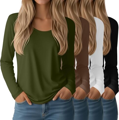 4 Pack Women's Scoop Neck Long Sleeve Tops, Loose Casual T-Shirts Fall Layer Trendy Soft Basic Tee for Ladies in Saudi Arabia