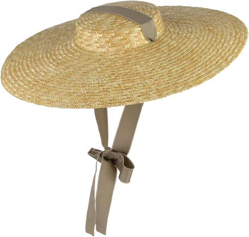 Jelord Women Vintage Boater Straw Hat Wide Brim Flat Top Floppy Derby Straw Hat Beach Sun Hats with Chin Strap Brim in Saudi Arabia