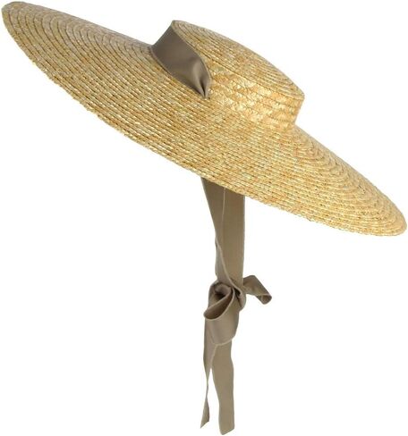 Jelord Women Vintage Boater Straw Hat Wide Brim Flat Top Floppy Derby Straw Hat Beach Sun Hats with Chin Strap Brim in Saudi Arabia