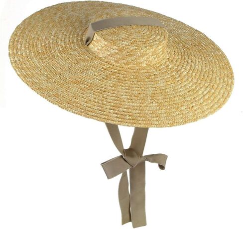 Jelord Women Vintage Boater Straw Hat Wide Brim Flat Top Floppy Derby Straw Hat Beach Sun Hats with Chin Strap Brim in Saudi Arabia