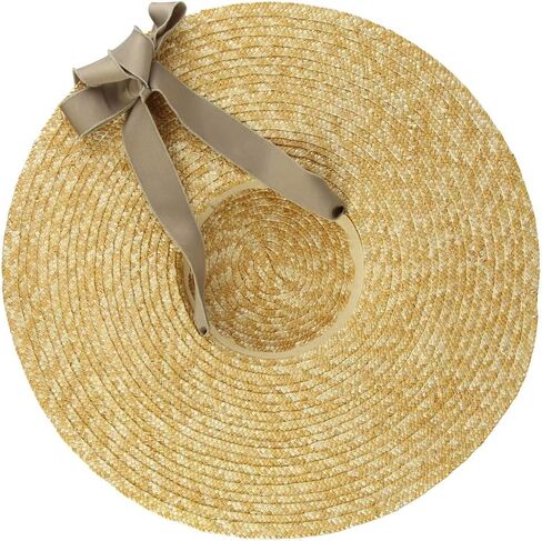 Jelord Women Vintage Boater Straw Hat Wide Brim Flat Top Floppy Derby Straw Hat Beach Sun Hats with Chin Strap Brim in Saudi Arabia