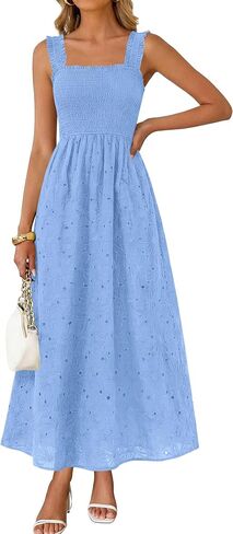 KIRUNDO Summer Lace Dress Vacation Outfits for Women Cotton Beach Dresses 2026 Sleeveless Square Neck Smocked Boho Sundress in Kuwait