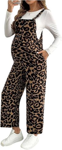 OYOANGLE Women's Maternity Leopard Print Overalls Spaghetti Strap Straight Leg Pregnancy Jumpsuit with Pocket in Kuwait