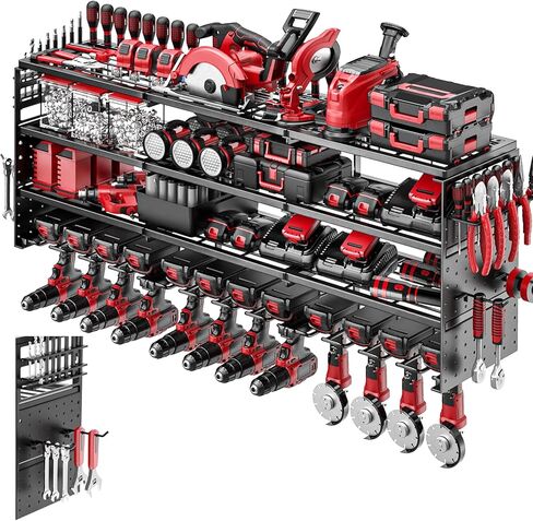 Power Tool Organizer Wall Mount - 4 Layer Metal Power Tool Storage Rack, Cordless Drill Holder with 4 Hooks, Utility Storage Rack for Garage Workshop Shed Pegboard in Saudi Arabia