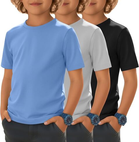 3 Pack Boys Short Sleeve Shirts Crew Neck Sun Protection Quick Drying Tops UPF 50+ Slim Rash Guard Swim Summer Tees in Saudi Arabia