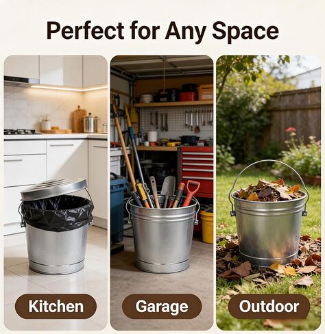 6 Gallon Galvanized Trash Can with Lid, Heavy Duty Metal Waste Basket, Rust-Resistant Steel Body with Handles for Indoor and Outdoor Use, Small Garbage Pail in Saudi Arabia