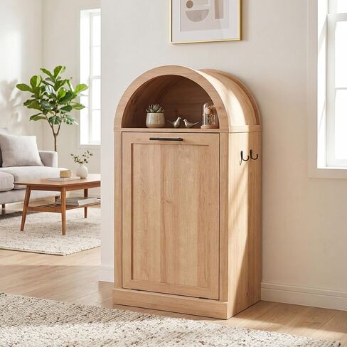 Seang Arched Tilt-Out Trash Can Cabinet,Laundry Hamper Cabinet with Foldable Laundry Basket,Wooden Hidden Garbage Can Cabinets with Metal Handle & Hooks,Natural in Saudi Arabia