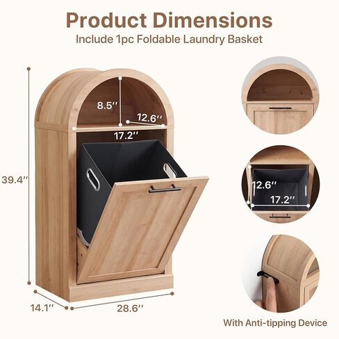 Seang Arched Tilt-Out Trash Can Cabinet,Laundry Hamper Cabinet with Foldable Laundry Basket,Wooden Hidden Garbage Can Cabinets with Metal Handle & Hooks,Natural in Saudi Arabia