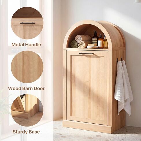 Seang Arched Tilt-Out Trash Can Cabinet,Laundry Hamper Cabinet with Foldable Laundry Basket,Wooden Hidden Garbage Can Cabinets with Metal Handle & Hooks,Natural in Saudi Arabia