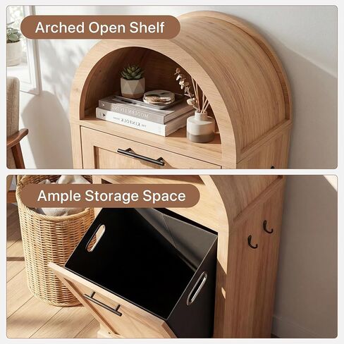 Seang Arched Tilt-Out Trash Can Cabinet,Laundry Hamper Cabinet with Foldable Laundry Basket,Wooden Hidden Garbage Can Cabinets with Metal Handle & Hooks,Natural in Saudi Arabia