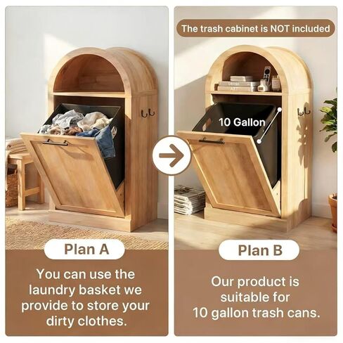Seang Arched Tilt-Out Trash Can Cabinet,Laundry Hamper Cabinet with Foldable Laundry Basket,Wooden Hidden Garbage Can Cabinets with Metal Handle & Hooks,Natural in Saudi Arabia