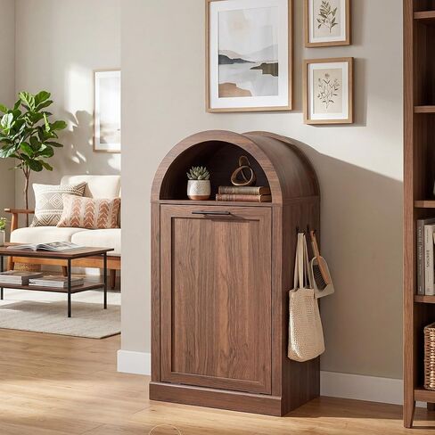 Seang Arched Tilt-Out Trash Can Cabinet,Laundry Hamper Cabinet with Foldable Laundry Basket,Wooden Hidden Garbage Can Cabinets with Metal Handle & Hooks,Natural in Saudi Arabia