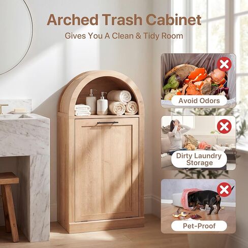 Seang Arched Tilt-Out Trash Can Cabinet,Laundry Hamper Cabinet with Foldable Laundry Basket,Wooden Hidden Garbage Can Cabinets with Metal Handle & Hooks,Natural in Saudi Arabia